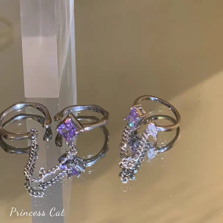 Set Cincin Rantai Zirkon Bentuk Persegi Geometris Warna Ungu