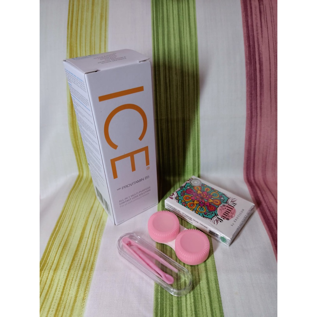 Paket Softlens Jamilla Normal Dia 14,5mm + Air Softlens Ice 150ml + Pinset + Lenscase Paketan Softlens Murah