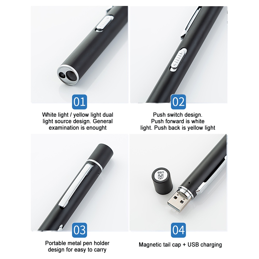 Mini LED Pen Flashlight Dual Light Source Stainless Steel USB Rechargeable Portable Pen Lamp