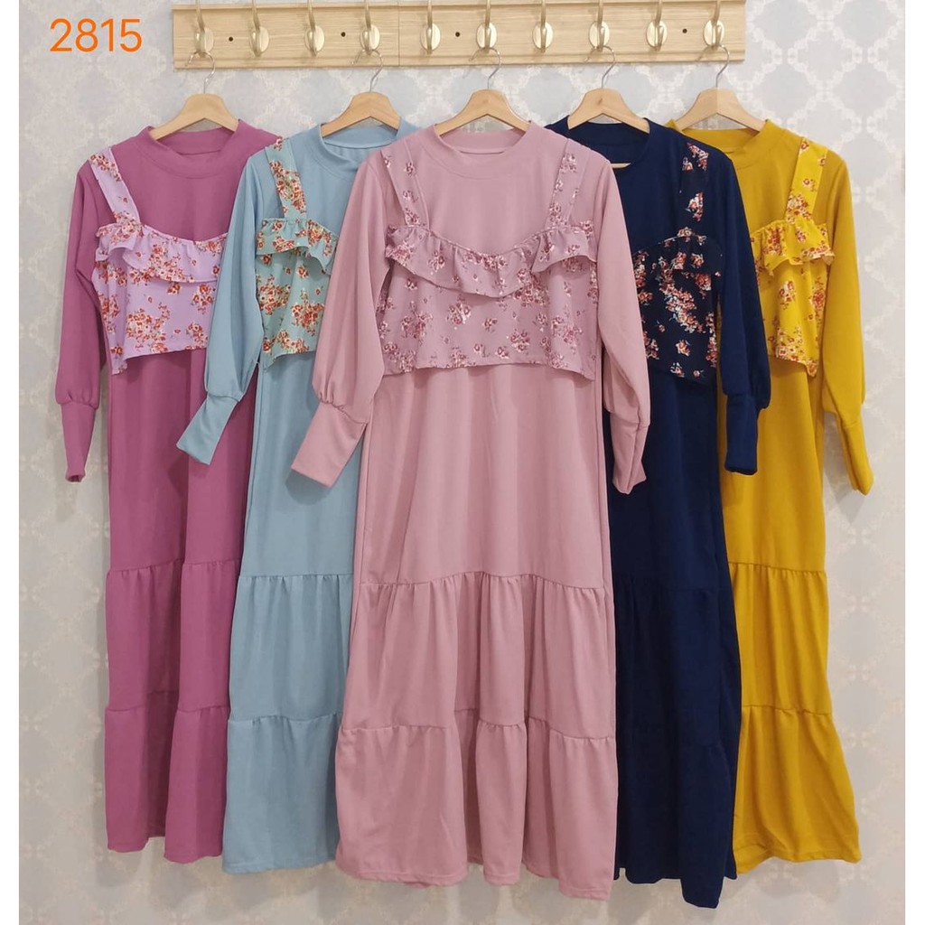 Gamis semi rompi motif polos motif bunga bahan voxy merk adella (2815)