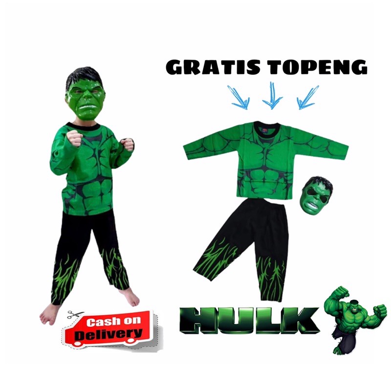 SETELAN ANAK LAKI LAKI BAJU ANAK KOSTUM HULK 2-10 TH GRATIS TOPENG / BAJU HULK LENGAN PANJANG ANAK