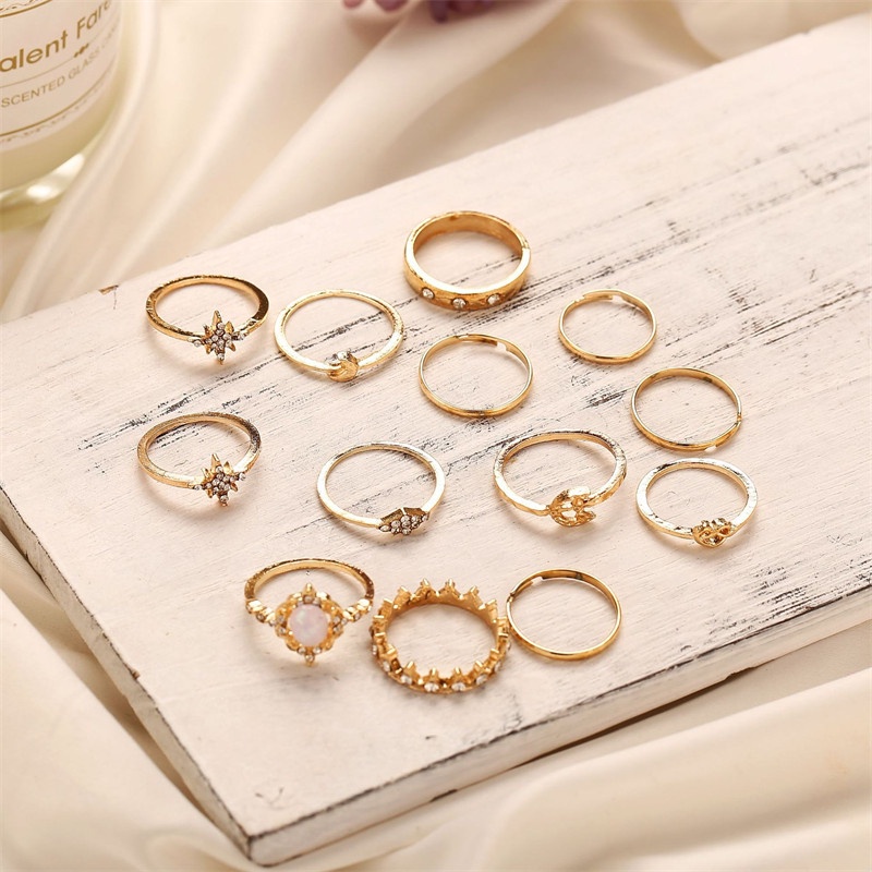 13pcs / Set Cincin Opal Bulan Bintang Mahkota Untuk Aksesoris Perhiasan Wanita