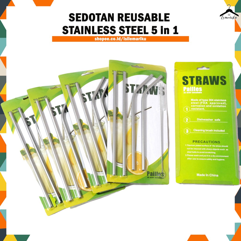 5 in 1 Set Sedotan Reusable Stainless / Stainless Straw Tanpa Pouch
