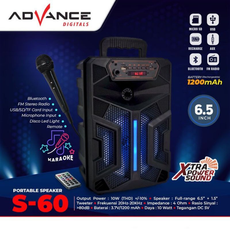 Speaker Portable Advance S60 Plus Mic Dan Remote/Salon Aktif Wireless Radio Fm/Speaker Bluetooth 6,5incih Super Bass/Speaker Wireless Xtra Power Sound