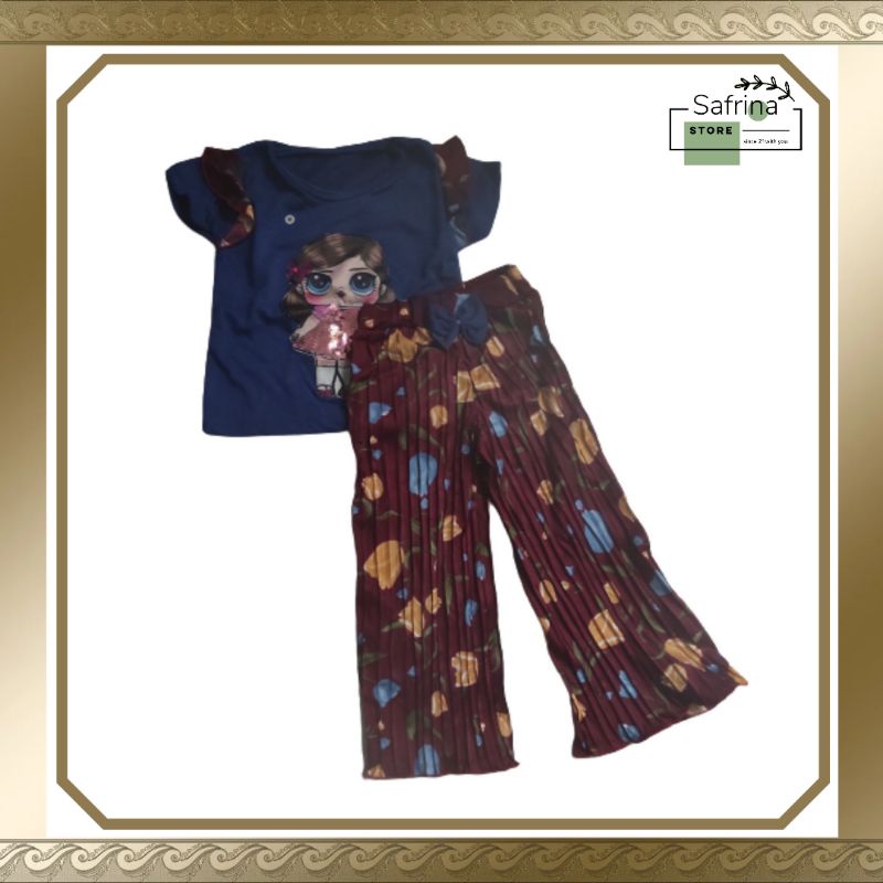 Setelan baju anak perempuan celana Kulot Plisket