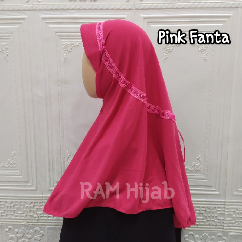 ram hijab kerudung jilbab instan bergo anak sekolah TK SD SMP serut pita atas warna pink fanta
