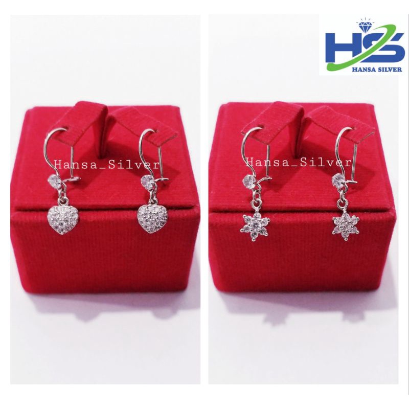 Anting Perak Asli Silver 925 Lapis Emas Putih Agogo Gantungan Love Bunga - Anting Wanita Anti Karat