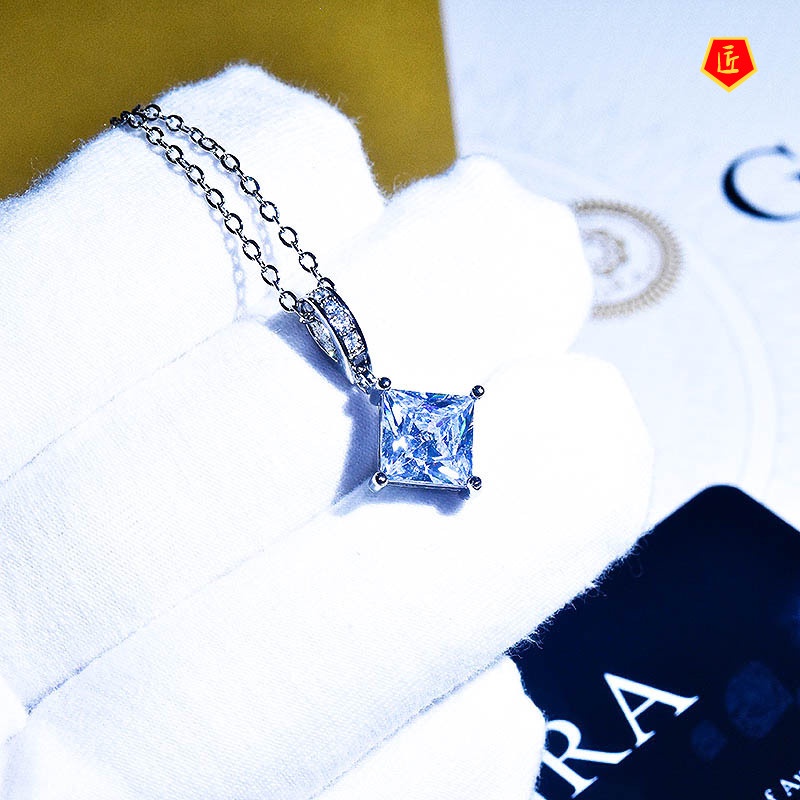 [Ready Stock]Moissanite Pendant Ins Princess Square Diamond Necklace for Women