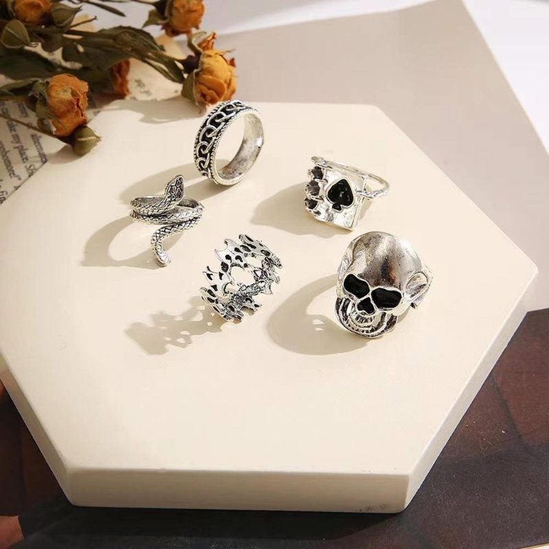 5pcs / Set Cincin Antik Model Tengkorak Ular Gaya Punk Gothic Vintage