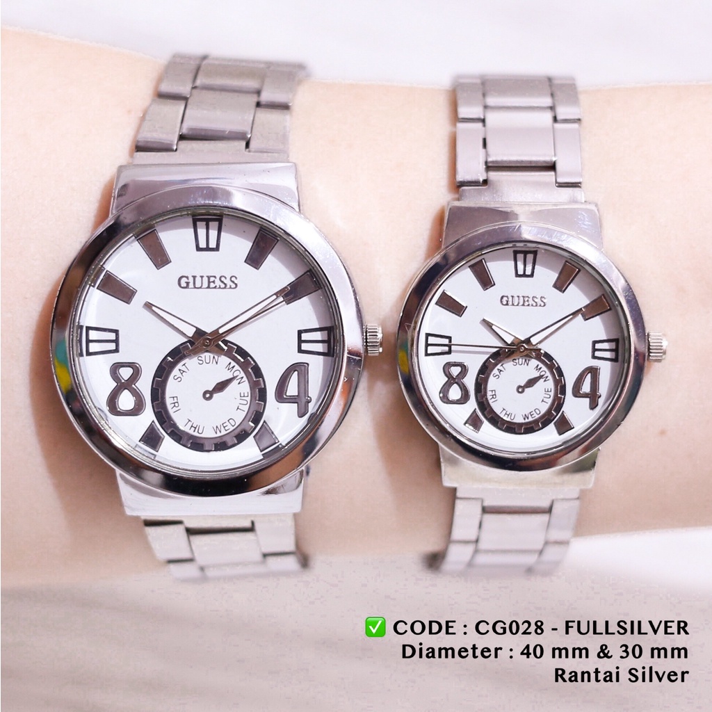 Jam tangan couple rantai stainless silver guess free baterai cadangan harga sepasang cg027