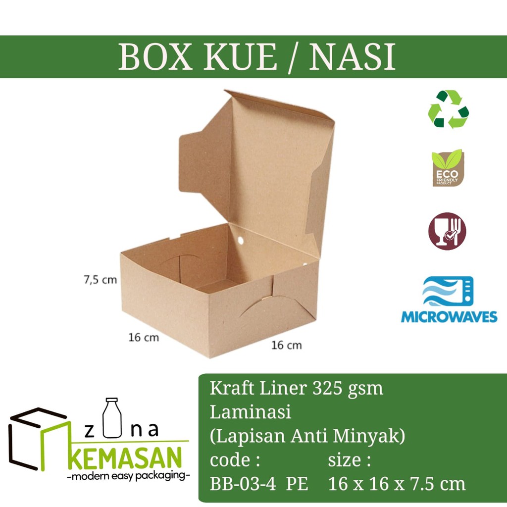 

KEMASAN BOX DUS KARDUS KOTAK MAKANAN NASI ROTI KUE SNACK 16x16x7,5 cm KRAFT 325 gsm LAMINASI