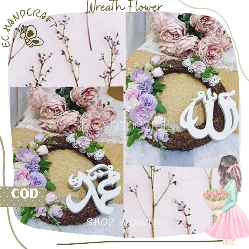 Hiasan Dinding Hiasan Pintu Wreath Flower Akar Tulisan Allah Muhammad Homedecor
