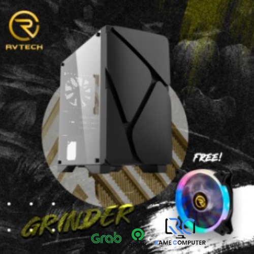 CASING GAMING GRINDER RVTECH BLACK BONUS FAN (NO PSU) CASE CPU KOMPUTER