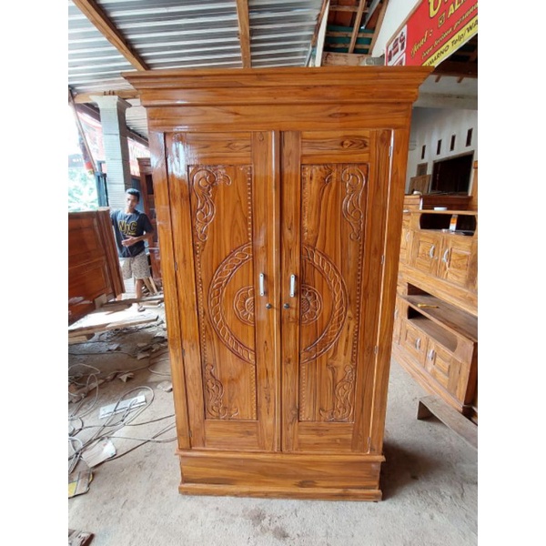 LEMARI PAKAIAN KAYU JATI  2 PINTU MODEL BLOK TANPA KACA