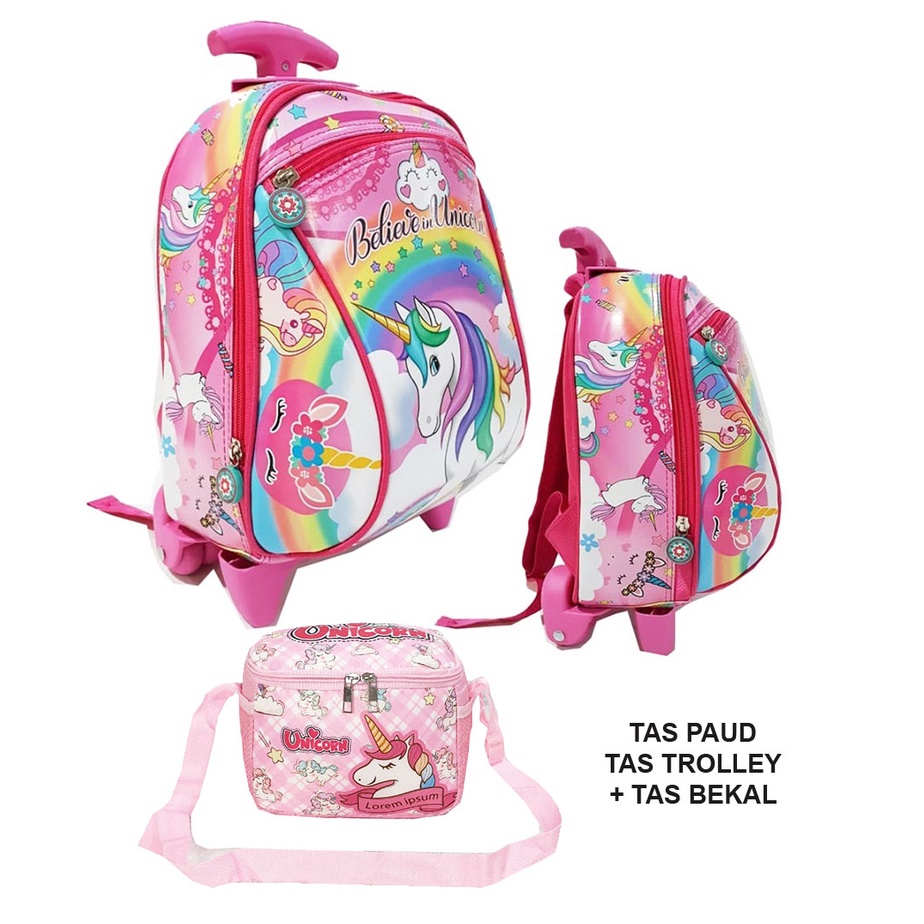 KADO CANTIK SET TROLLEY TAS DORONG ANAK PAUD PEREMPUAN Bahan Tahan Air + Tas Bekal