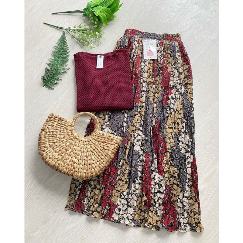 Setelan Rok Import / One Set Knitwear Rajut Premium n Rok Import / Baby Cable Maroon set Skirt Risya