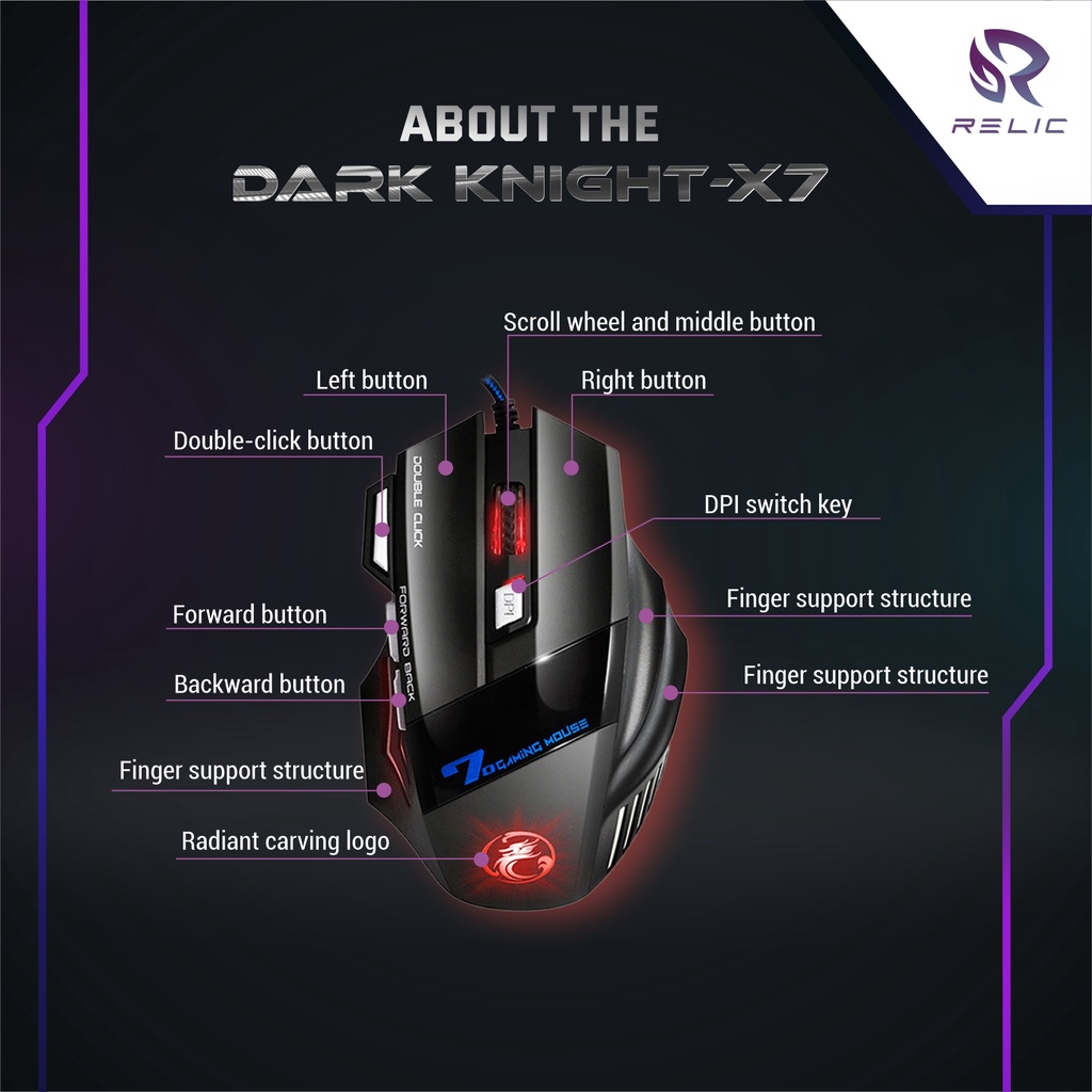 Mouse Gaming LED 7 Button 2400DPI Dark Knight Relic Dark Night LED 7 Button 2400DPI USB Aksesoris Laptop Komputer - X7