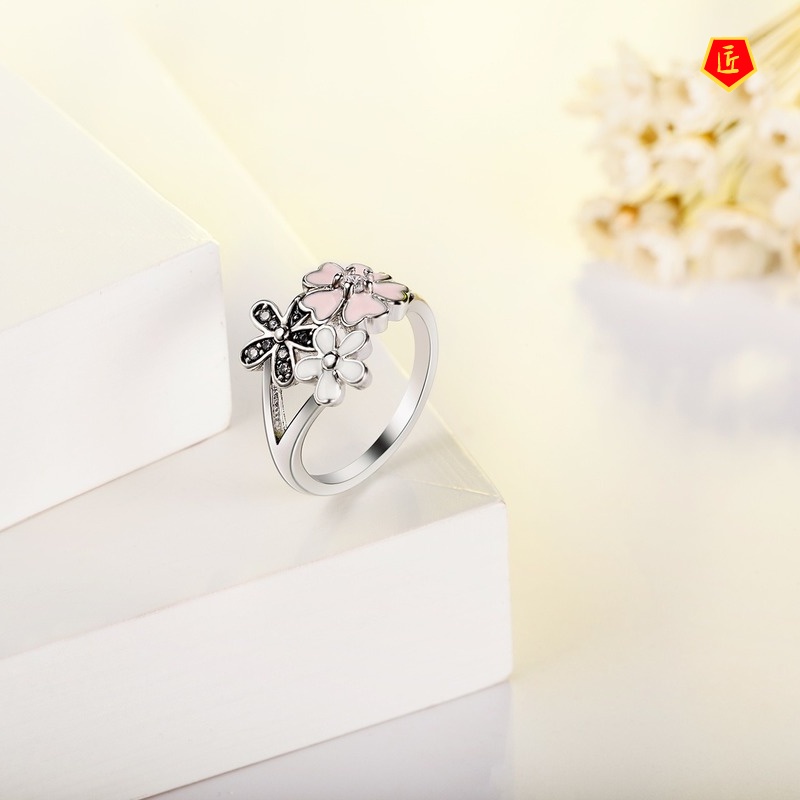 [Ready Stock]Women's Silver Diamond Pink Sakura Ring