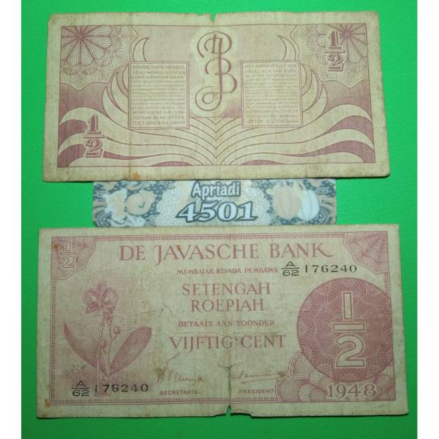 UK192 UANG KUNO ASLI 1/2 SETENGAH RUPIAH SERI FEDERAL TAHUN 1948 KOLEKSI UANG LAMA KERTAS BELANDA #F