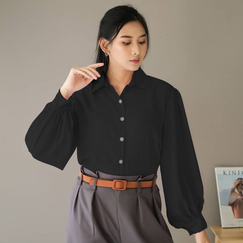 KEMEJA LENGAN BALON WANITA || ATASAN KEMEJA BLOUSE CASUAL WANITA CASUAL OVERSIZE POLOS AUDRY AUDREY - BAHAN WOLFIS