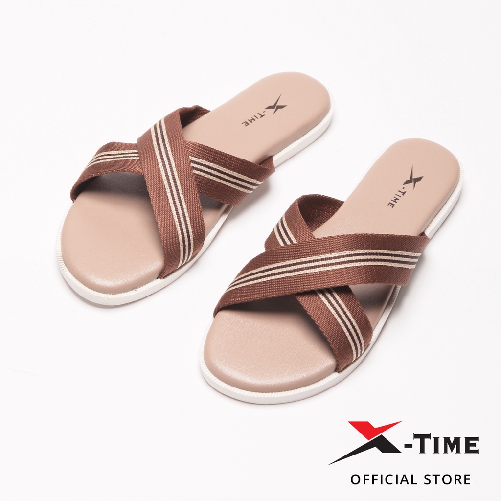 X-Time Sandal Slip Wanita Casual Kulit Lilac Silang-Brown