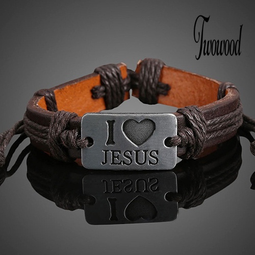 Gelang Tali Rami Adjustable Bahan Kulit Imitasi Motif I LOVE JESUS Untuk Unisex