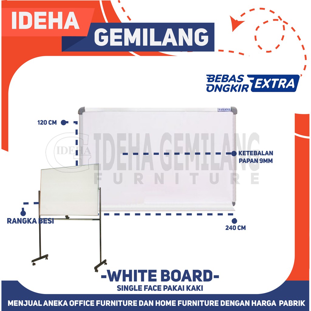 

Whiteboard single face 120 X 240 pakai kaki