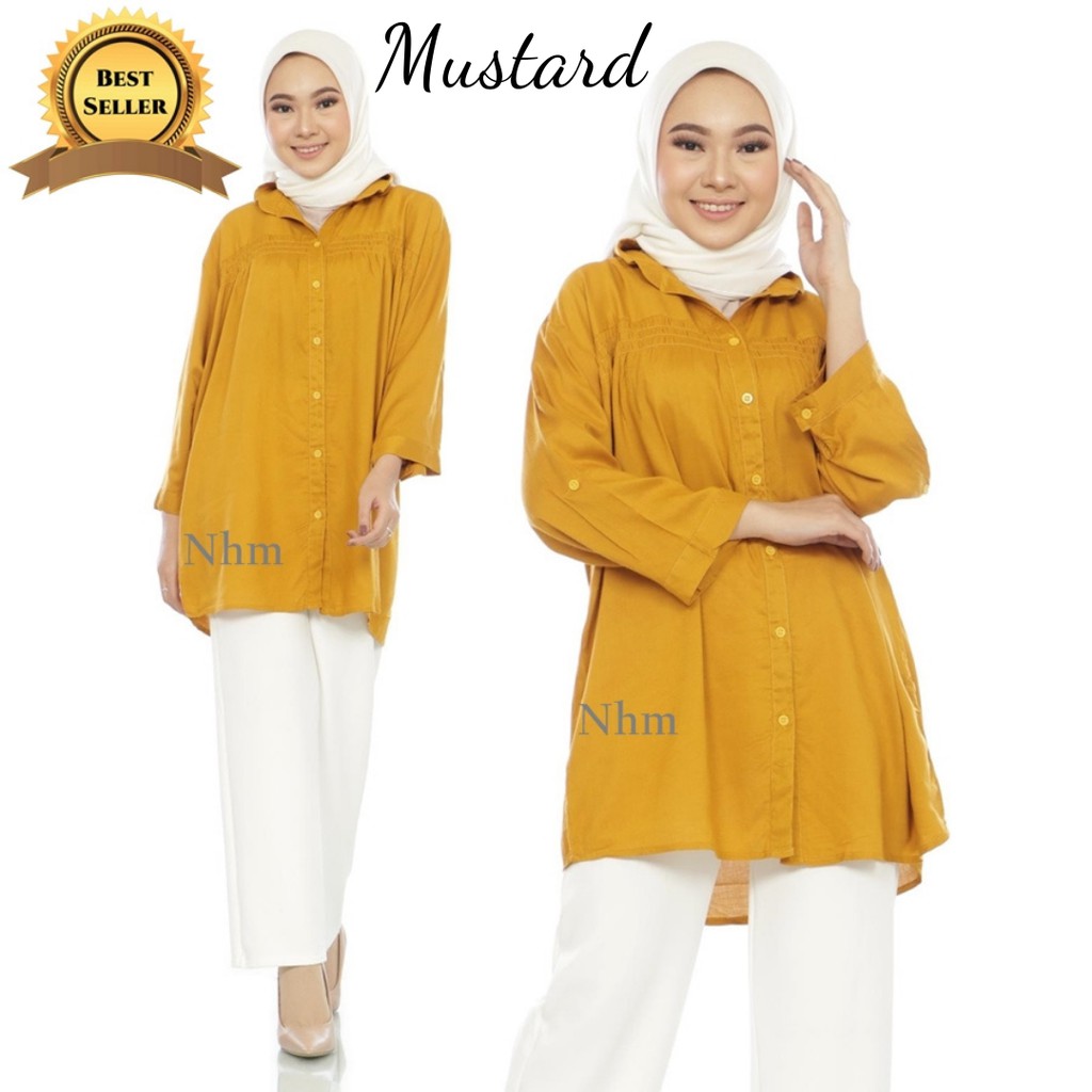 Kemeja Wanita Oversize Kemeja Formal Casual Adem Kemeja Polos Panjang Mustard Katun Rayon 3L