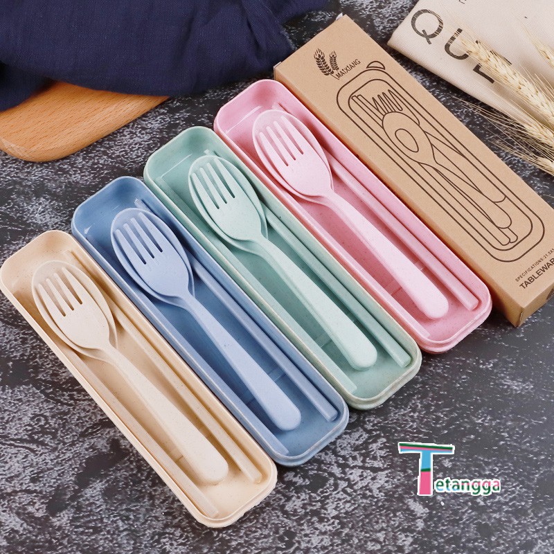 4 pcs Wheat straw Travel Cutlery Set Portabel Alat Makan Sendok Garpu Sumpit Chopsticks Dengan Kotak