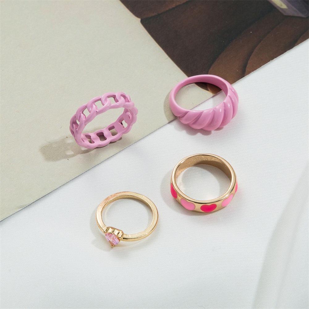 Y2K 4pcsset Cincin Resin Desain Hati Hollow Hias Berlian Pink Gaya Trendy Untuk Wanita