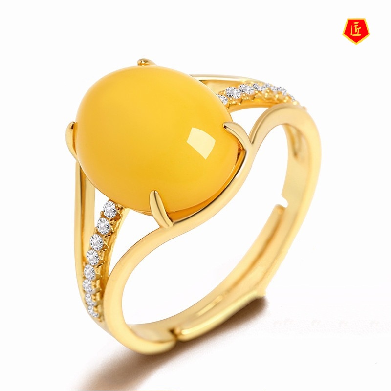 [Ready Stock]Canary Stone Inlaid Amber Ring 925 Silver Fashion Elegant