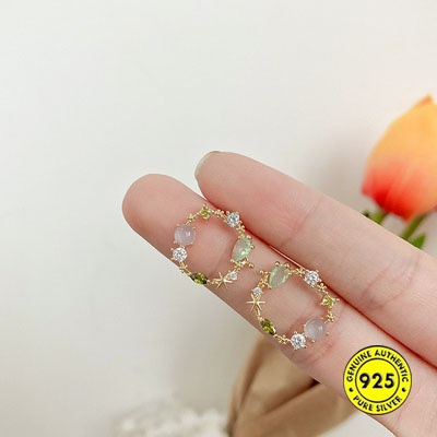 Anting Stud Sterling Silver 18K Bentuk Lingkaran Aksen Zirkon Warna-Warni Anti Alergi Untuk Wanita