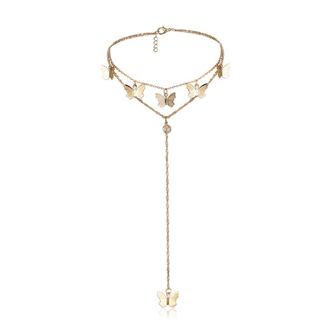 LRC Kalung Wanita Fashion Golden Rhinestone Geometric Butterfly Y-shaped K23452