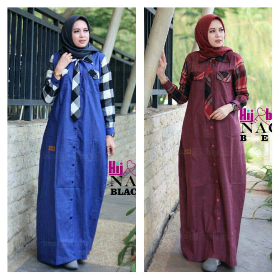 GAMIS QUINZY DRESS FLANEL MOTIF BIRU DAN MARUN LD 106CM PANJANG 143 CM