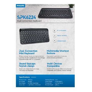 Keyboard philips bluetooth wireless 2.4ghz membrane 85 keys tkl multimedia for office gaming pc laptop phone tablet k-624 k624