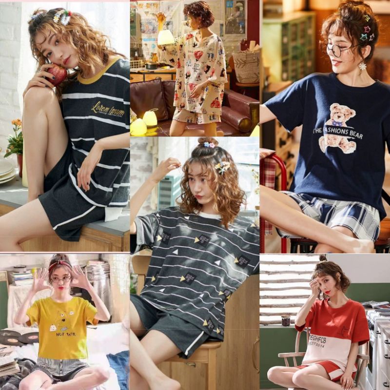 RULIF Hotpant piyama lengan pendek baju tidur wanita import kaos