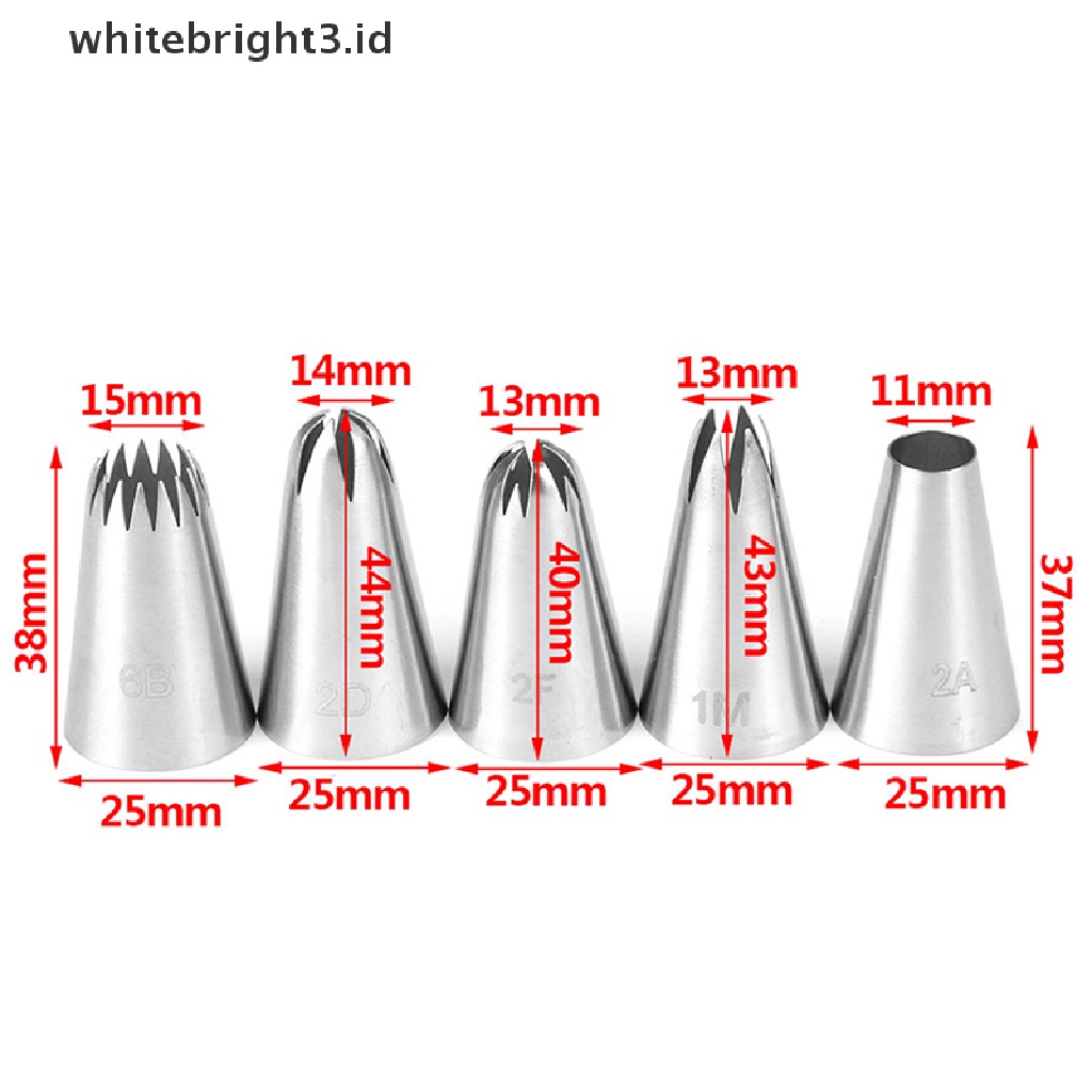 (whitebright3.id) 5pcs / Set Spuit Piping Icing Bahan Stainless Steel Untuk Dekorasi Kue / Cupcake