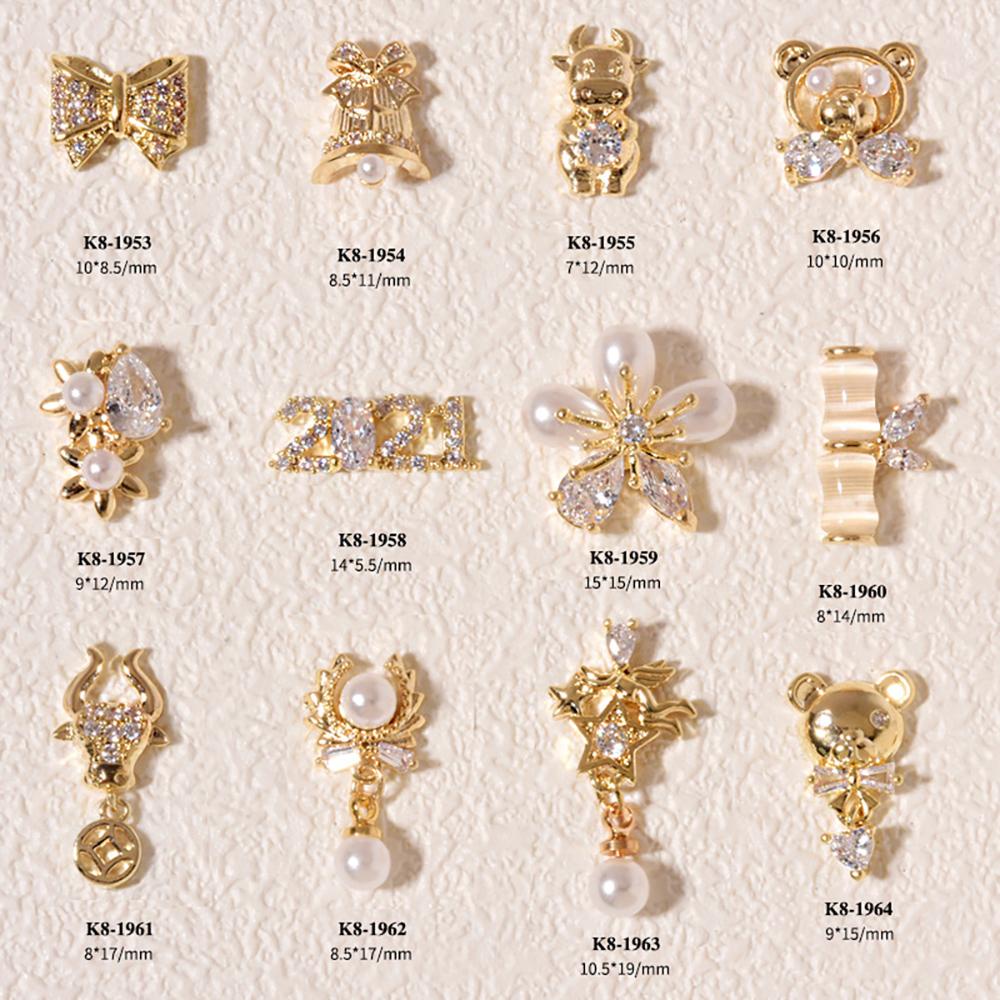 Agustina Dekorasi Nail Art 3D Mewah Tahun Baru Berlian Shiny Zirkon Mutiara Busur Kuku Rantai Perhiasan