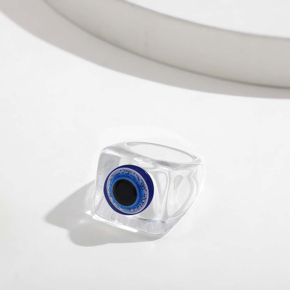 Agustinina Cincin Mata Biru Punk Pria Hip Pop Putih Kaca Biru Fashion Perhiasan Hitam Akrilik Resin Ring