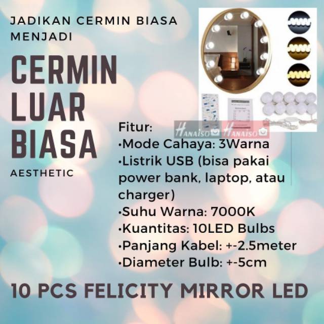 Termurah MEDAN [Garansi] Hanaiso Felicity 10 LED 5 Warna Lampu Cermin Rias Makeup Vanity Mirror LED Light Lampu Kaca