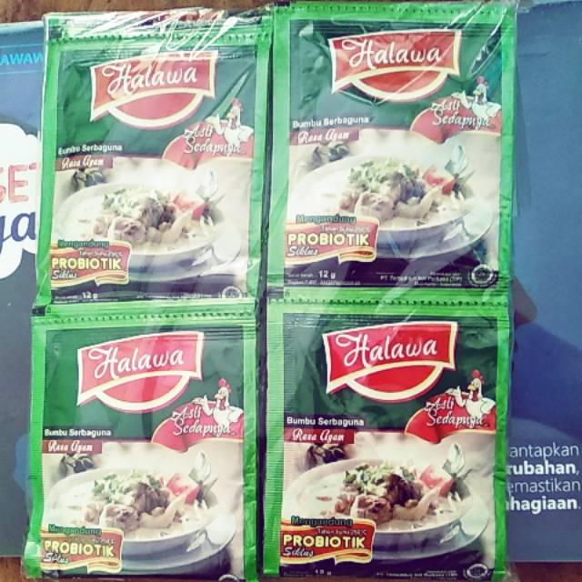 

Bumbu masak halawa probiotik rasa ayam 12 g. 1 Pak Isi 24 pcs