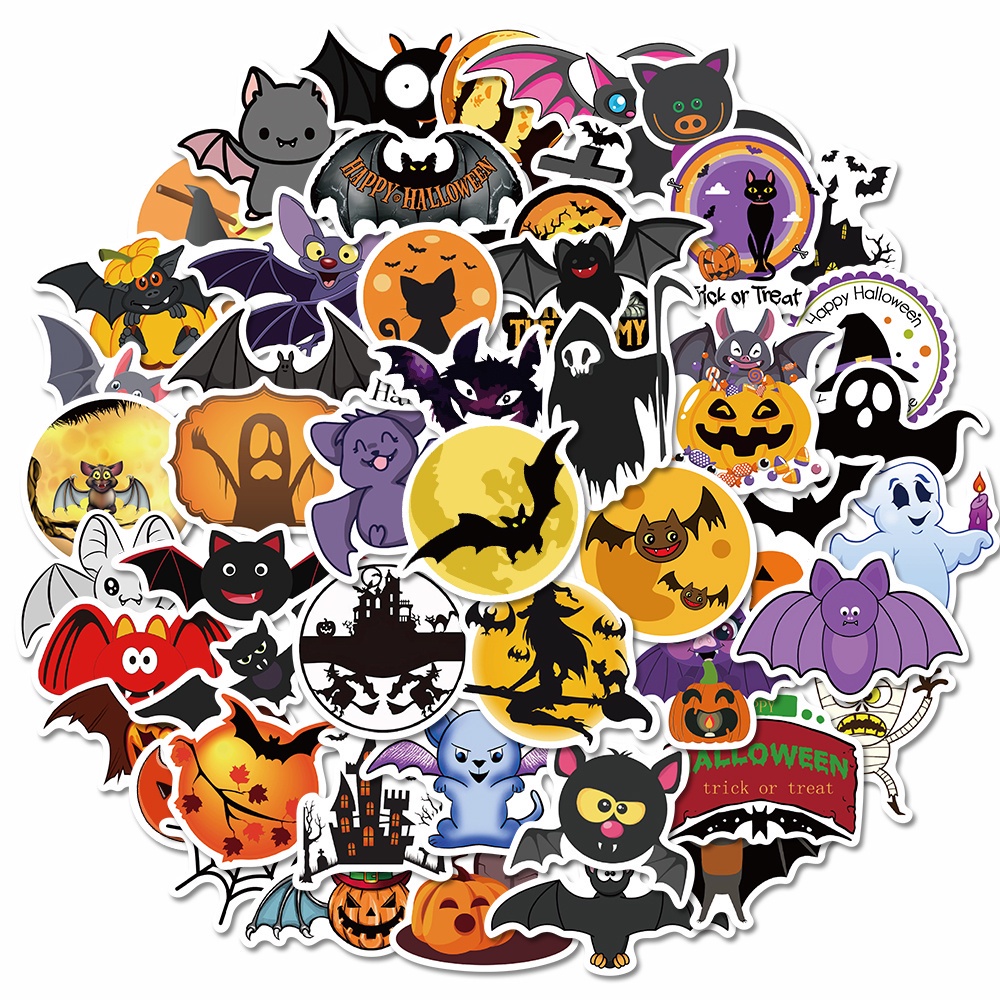 50 Pcs Stiker Graffiti Kartun Labu Kepala Kelelawar Halloween Tahan Air Untuk Dekorasi Laptop