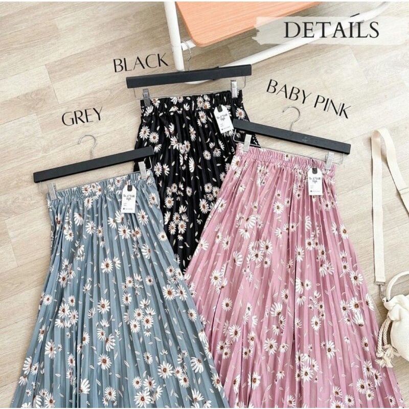 ROK PLISKET MOTIF BUNGA FLORAL SKIRT A-LINE FLOWER KOREAN STYLE MAXI BUNGA MAYUNG PREMIUM