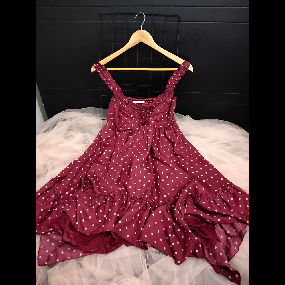 Axes Femme Maroon Polkadot Ruffle Asimetris JSK Dress Gothic Lolita Kawaii Korea Style Alt core Shab