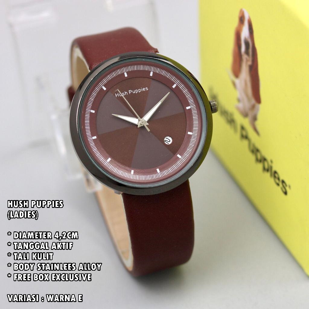 (FREE BOX) JAM TANGAN WANITA HUSH PUPPIES TALI KULIT BODY BULAT TANGGAL AKTIF