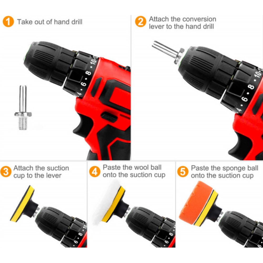 Meeauto Bantalan Pemoles Spons dengan Adaptor Bor M10 5 Buah/Set, Kit Bantalan Pemoles Poles Kasar Benang M10