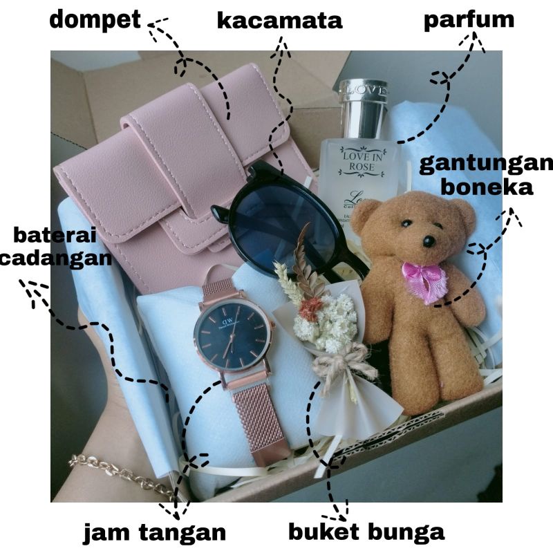 (Paket Dompet) Hampers Ulang Tahun Cewek Premium Gift Box Wisuda Parfum Minyak Wangi Kado Anniversary Pacar Buket Bunga Hadiah Nikah Wedding Jam Tangan Magnet Rantai Pasir Kacamata Hitam Special Kartu Ucapan Aestetic