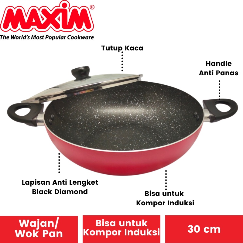 Maxim Neostone Wajan Wok 30cm  | Wajan Anti Lengket Marble Keramik + Tutup Kaca 30 cm