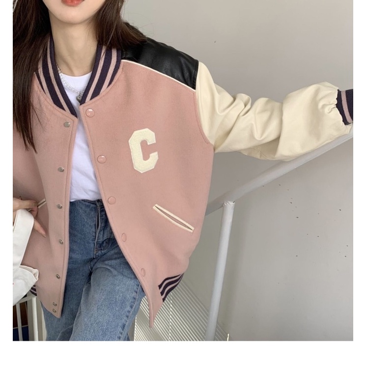 [ready stock] lisa baseball jacket | atasan jaket gaya korea warna pink green hijau list bahan lengan kulit leather