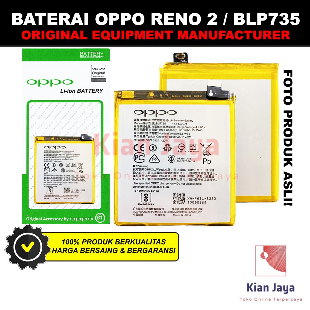 Baterai Oppoo Reno 2 / BLP735 Original OEM Batre Batrai Battery Hp BLP 735 Ori